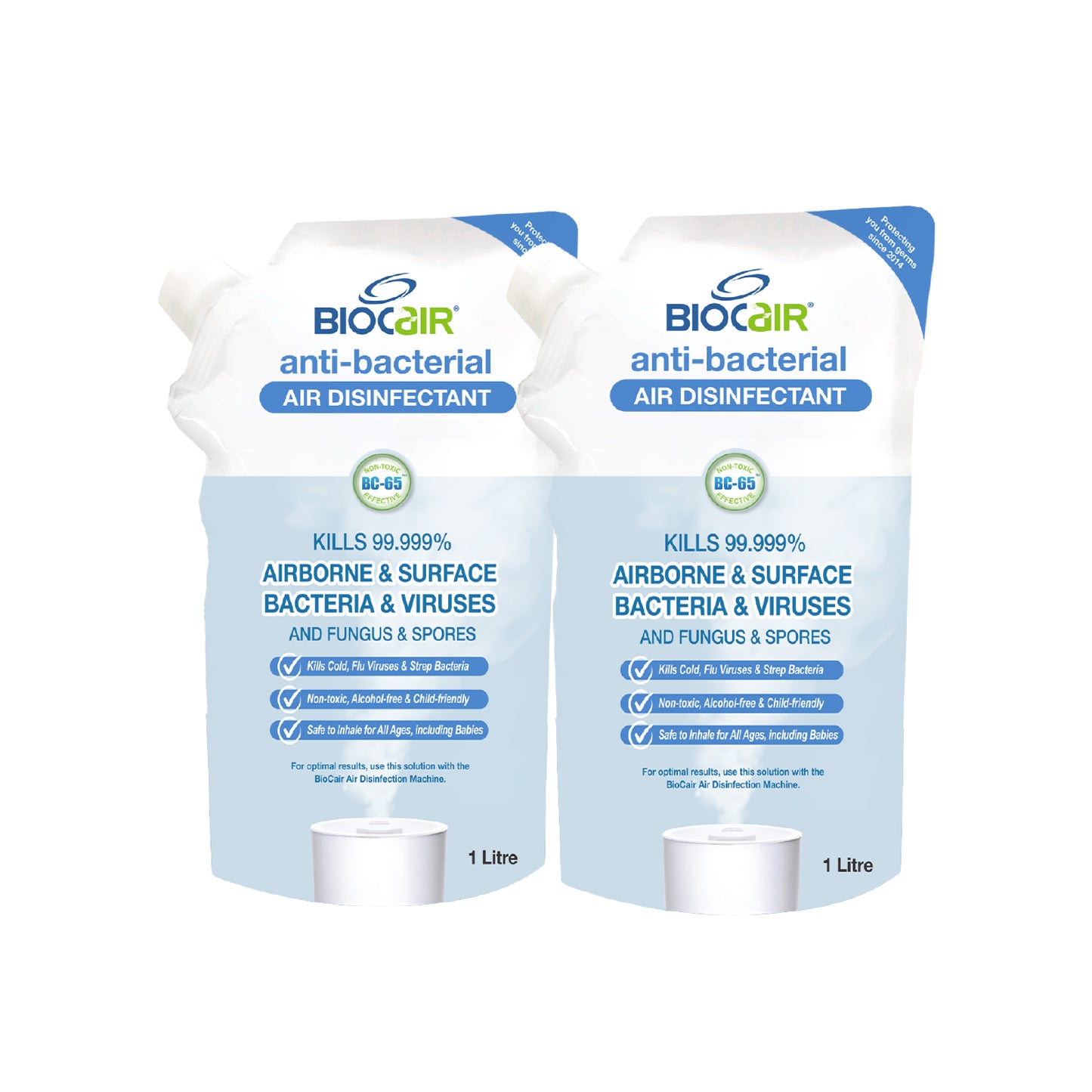 BioCair Anti-Bacterial Disinfectant Air Purifying Solution, 1 Litre, 2-Pack