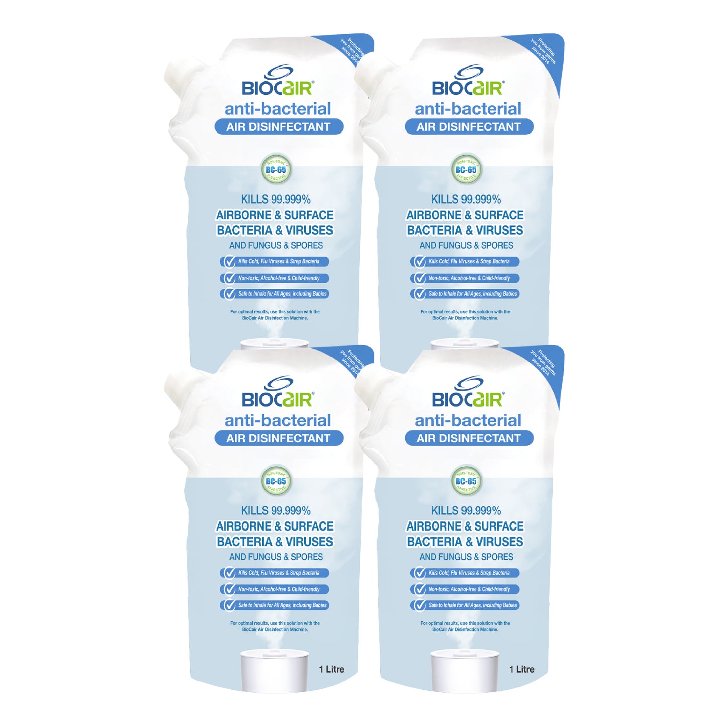 BioCair Anti-Bacterial Disinfectant Air Purifying Solution, 1 Litre, 4-Pack
