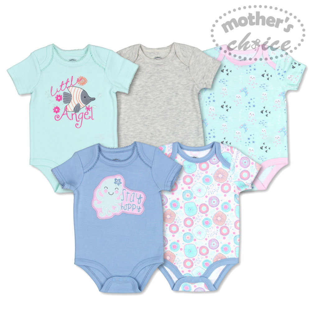 MOTHER'S CHOICE 5-Pc 100% Cotton Short-Sleeved Baby Bodysuit (Stay Happy Sea)