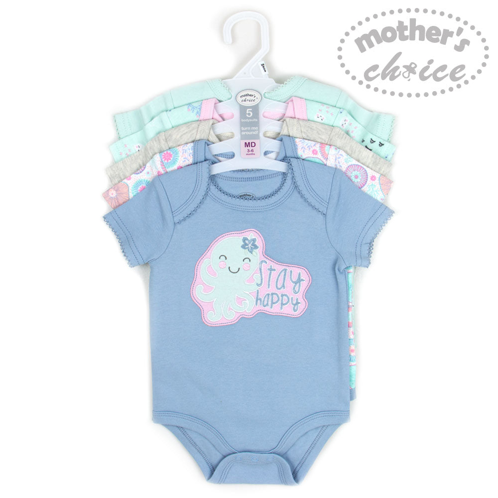 MOTHER'S CHOICE 5-Pc 100% Cotton Short-Sleeved Baby Bodysuit (Stay Happy Sea)