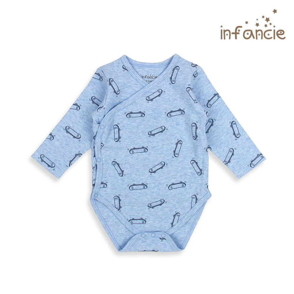 INFANCIE 2-Pc 100% Cotton Long-Sleeved Baby Kimono Bodysuits (Navy/Blue Skateboard)