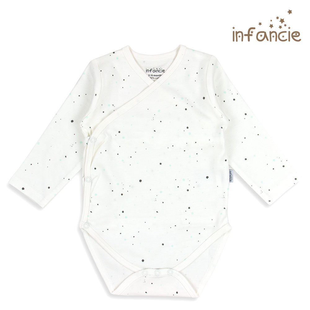 INFANCIE 2-Pc 100% Cotton Long-Sleeved Baby Kimono Bodysuits (White/Mint Dino)