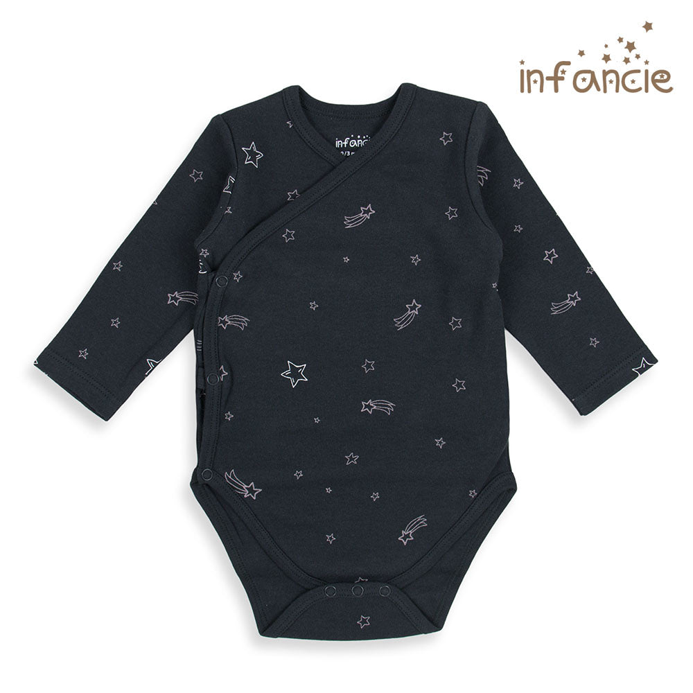 INFANCIE 2-Pc 100% Cotton Long-Sleeved Baby Kimono Bodysuits (Black/Pink Unicorn)