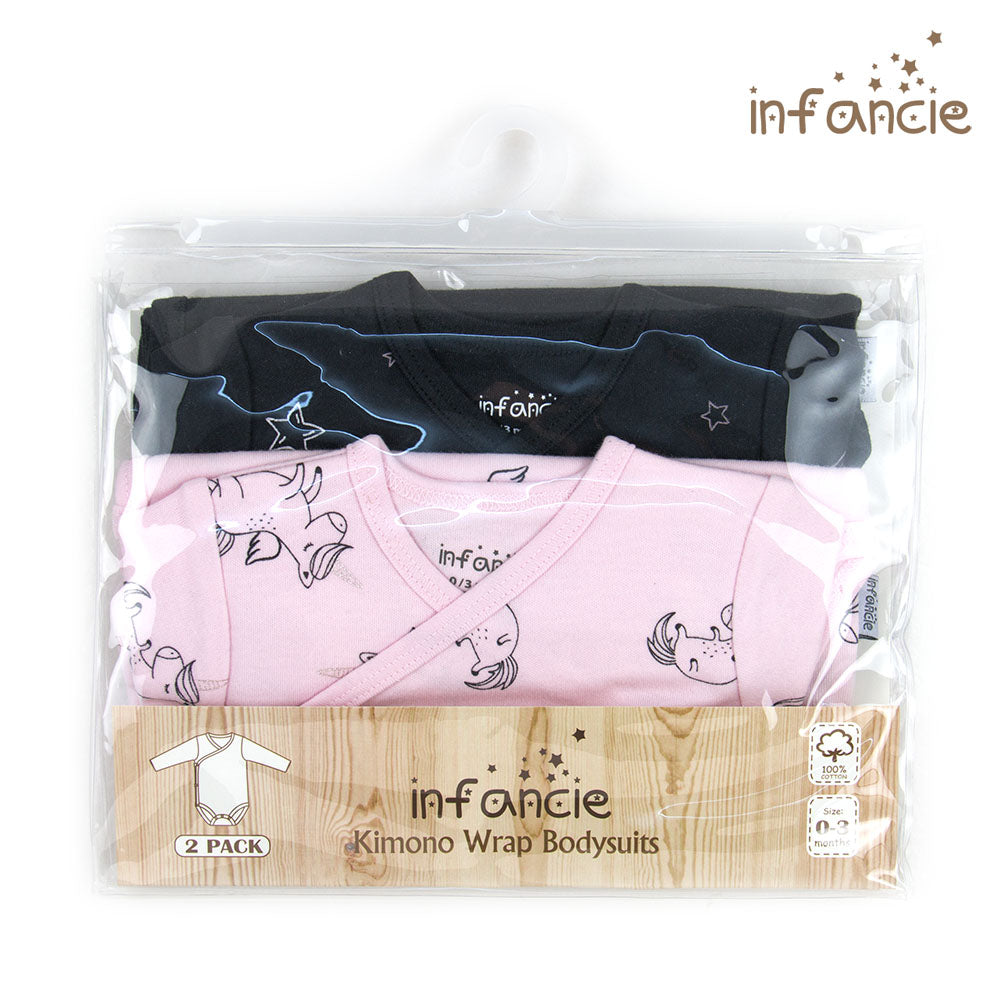 INFANCIE 2-Pc 100% Cotton Long-Sleeved Baby Kimono Bodysuits (Black/Pink Unicorn)