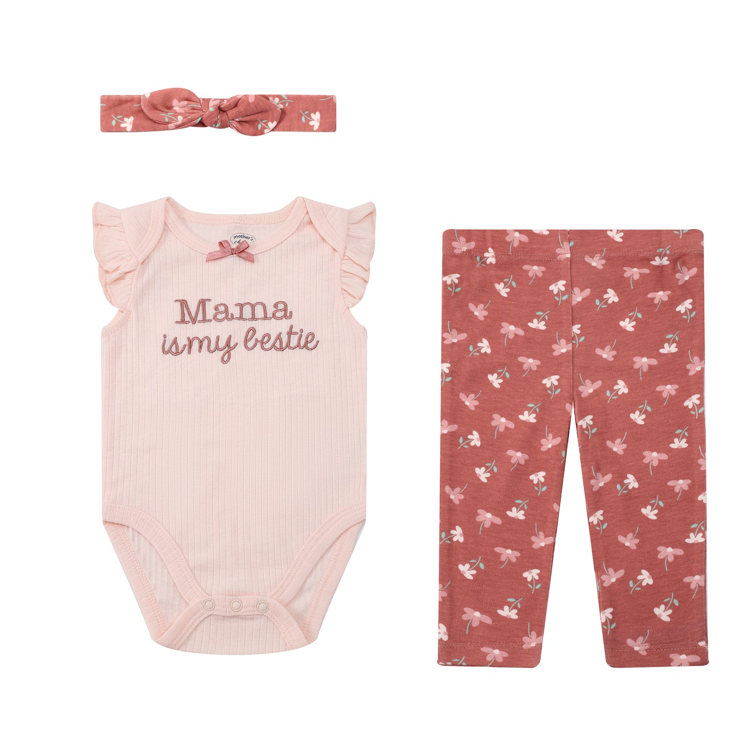 MOTHER'S CHOICE 3-pc Baby Bodysuit, Pants and Headband Set (Mama is my bestie)