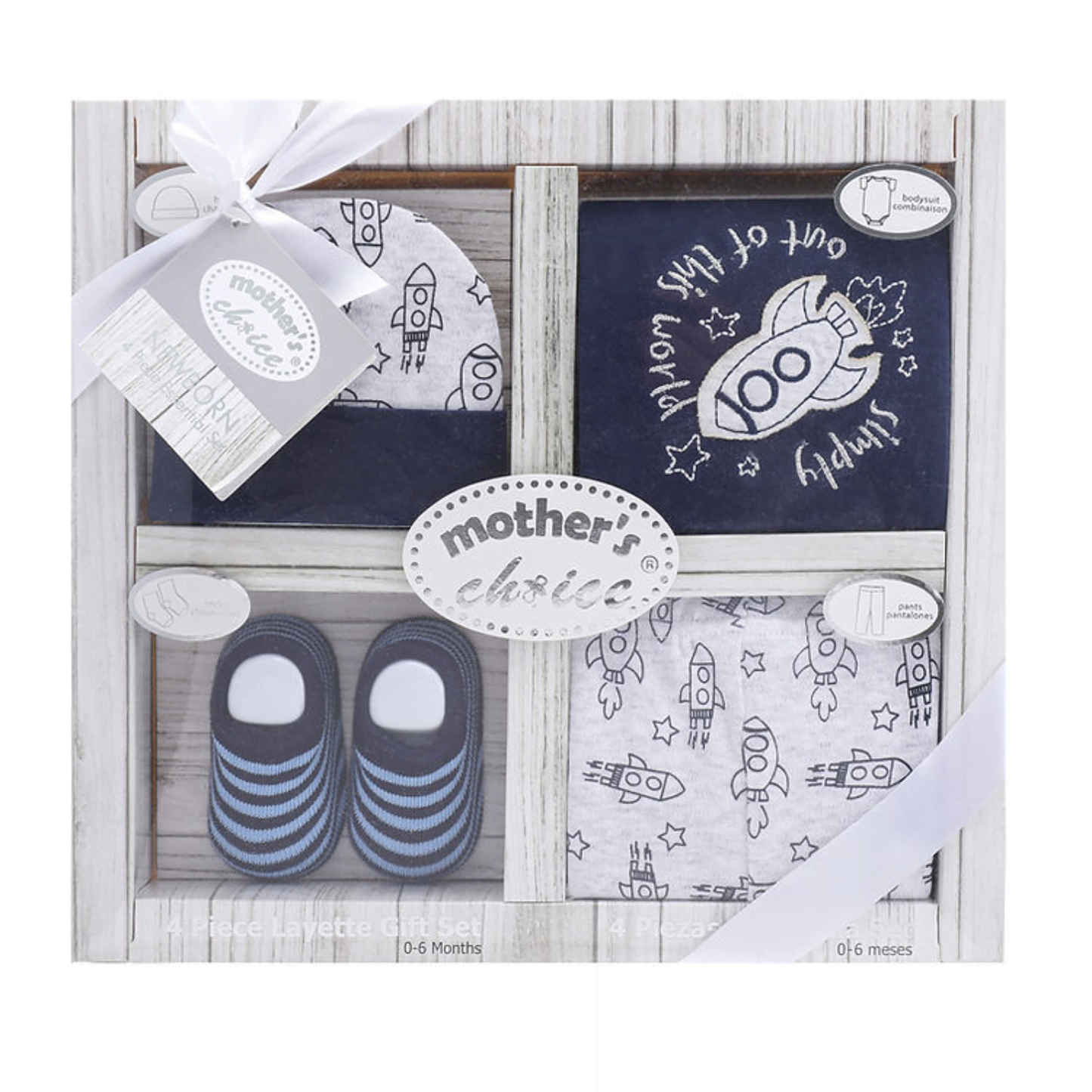 MOTHER'S CHOICE 4-Pc Baby Bodysuit, Pants, Hat & Socks Gift Box Set (Navy Rocket)
