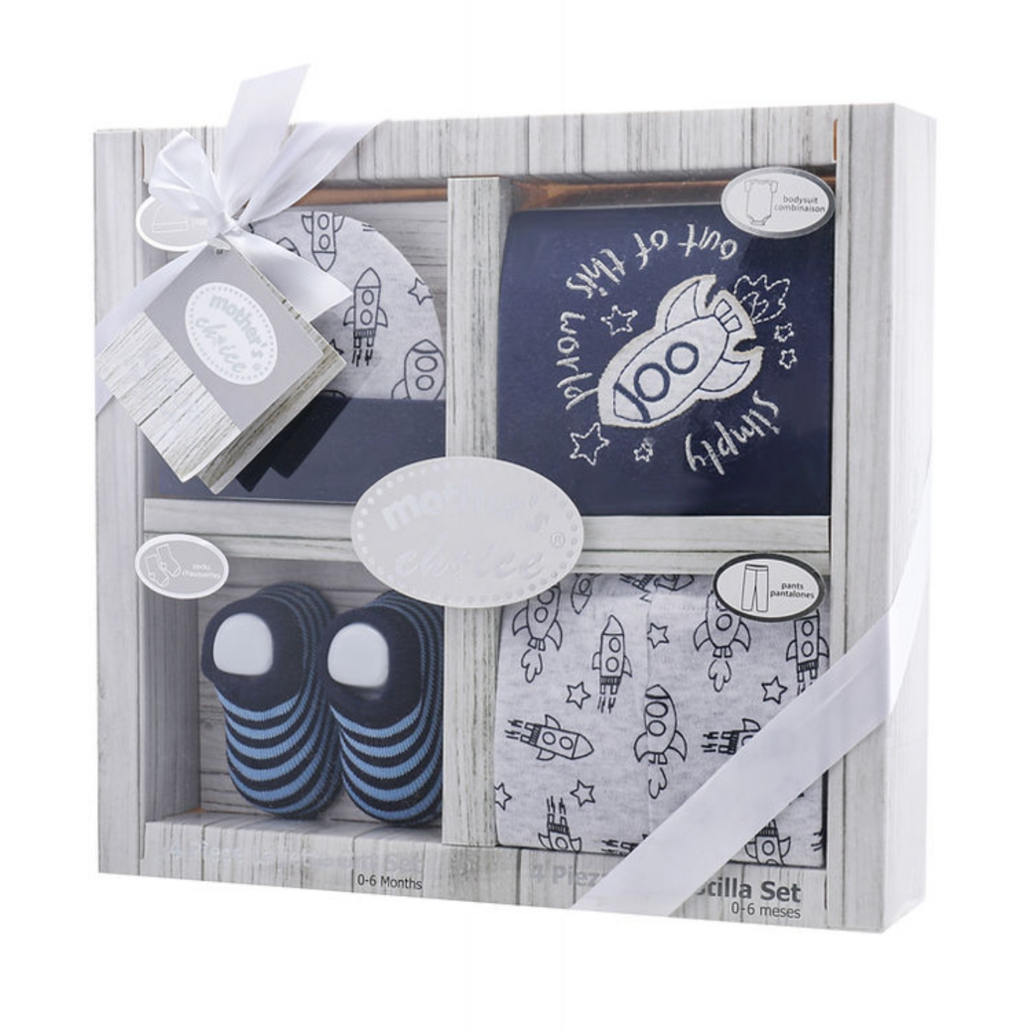MOTHER'S CHOICE 4-Pc Baby Bodysuit, Pants, Hat & Socks Gift Box Set (Navy Rocket)