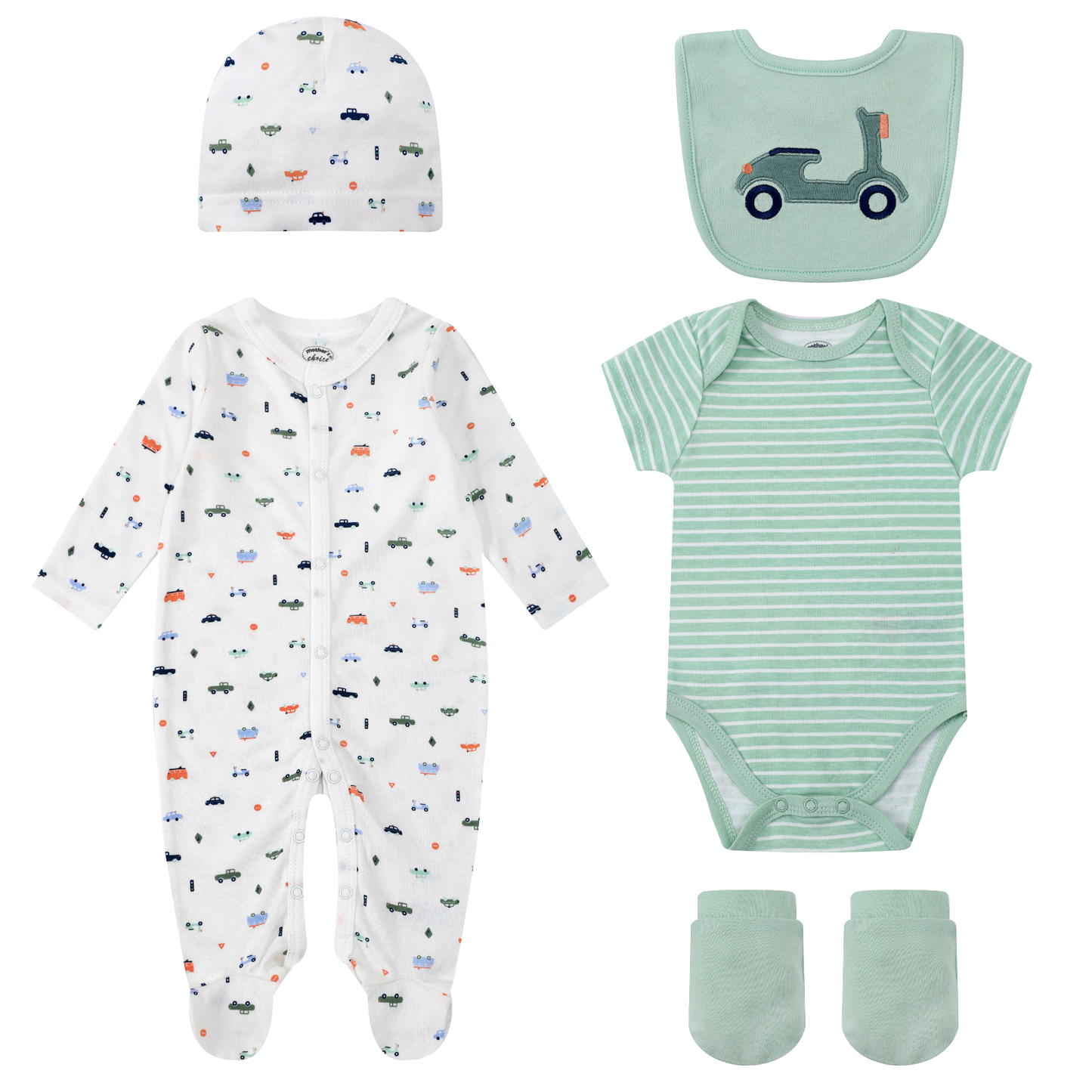 MOTHER'S CHOICE 5-Pc Baby Grower, Bodysuit, Bib, Hat & Mittens Layette Gift Set (Green Tractor)
