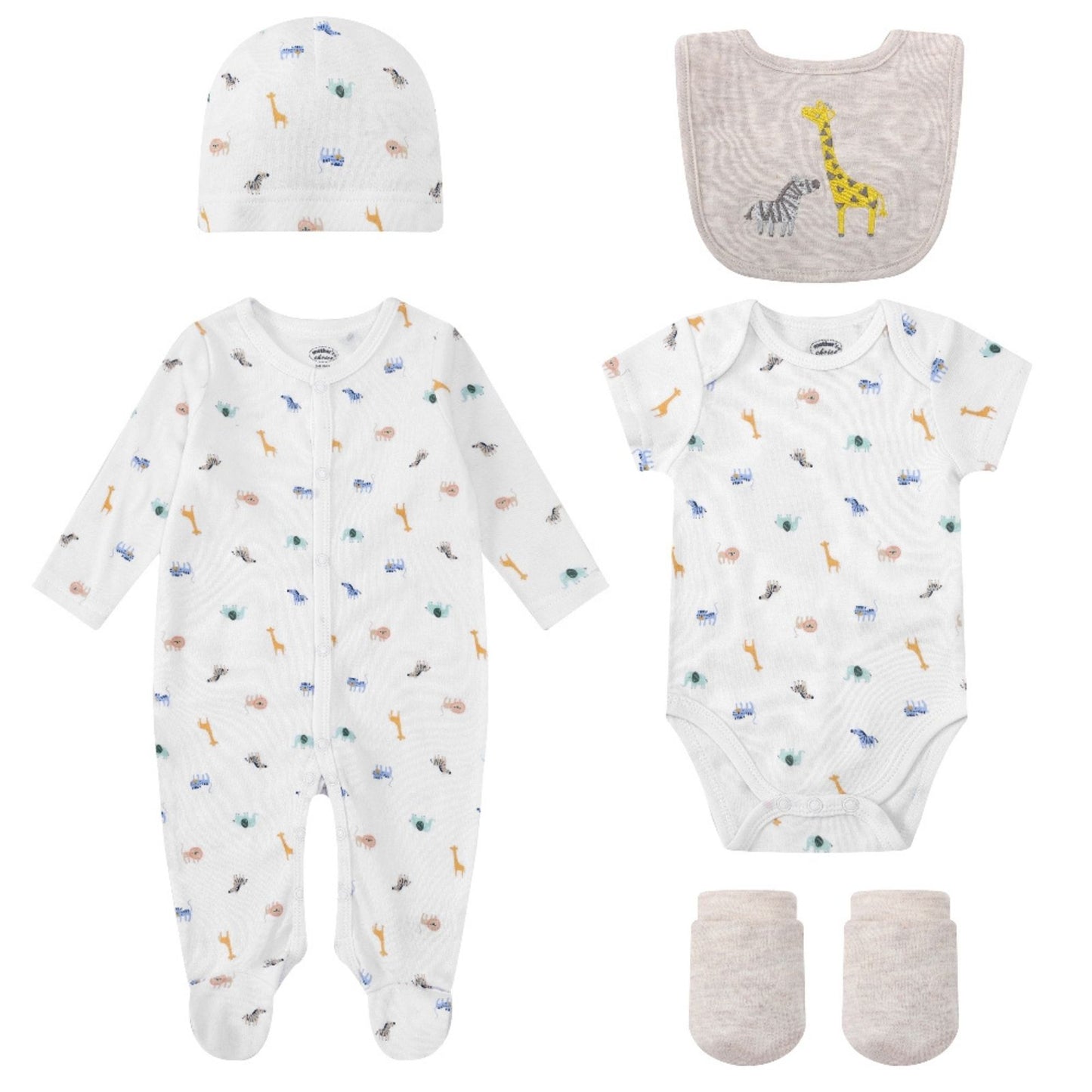 MOTHER'S CHOICE 5-Pc Baby Grower, Bodysuit, Bib, Hat & Mittens Layette Gift Set (Beige, Safari)