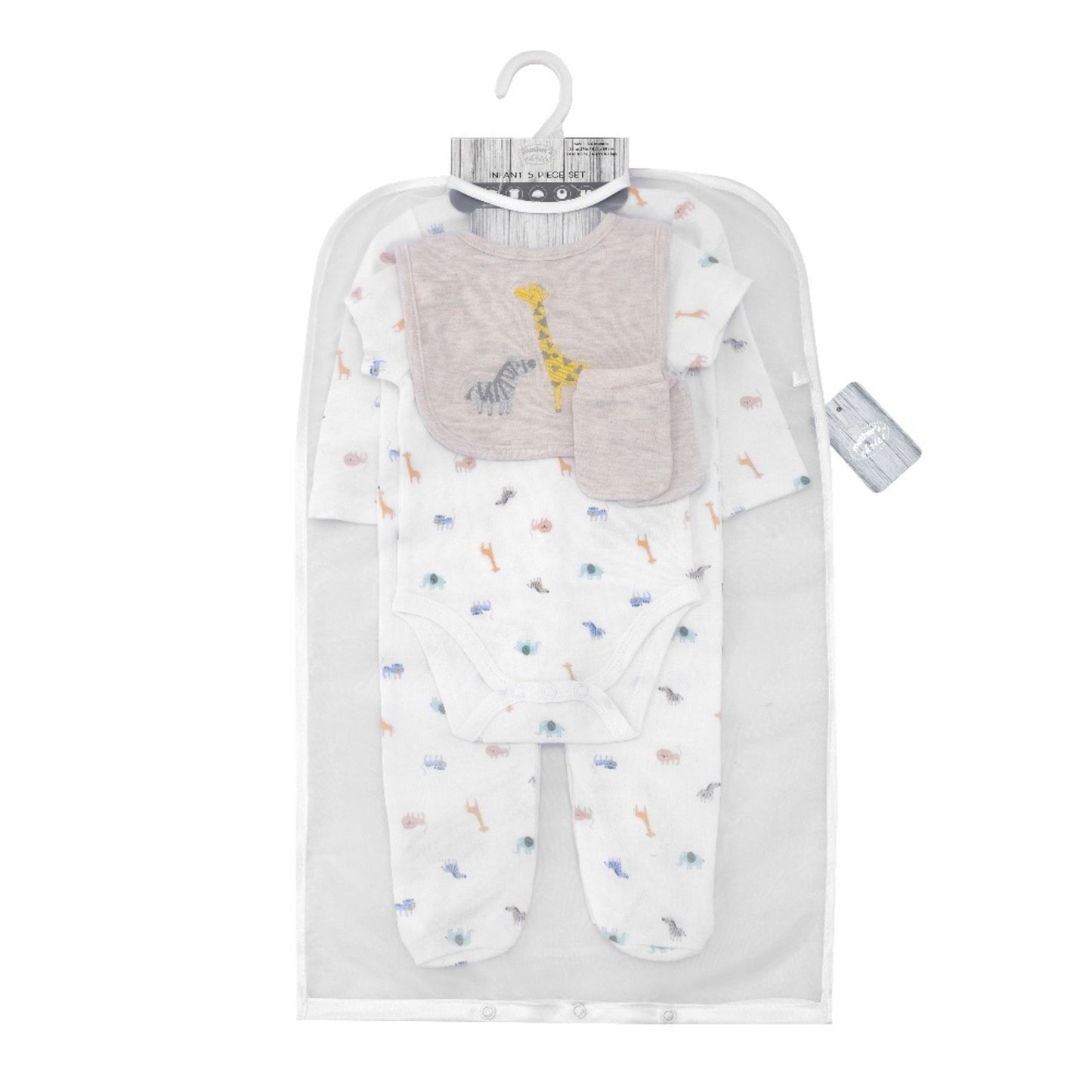 MOTHER'S CHOICE 5-Pc Baby Grower, Bodysuit, Bib, Hat & Mittens Layette Gift Set (Beige, Safari)