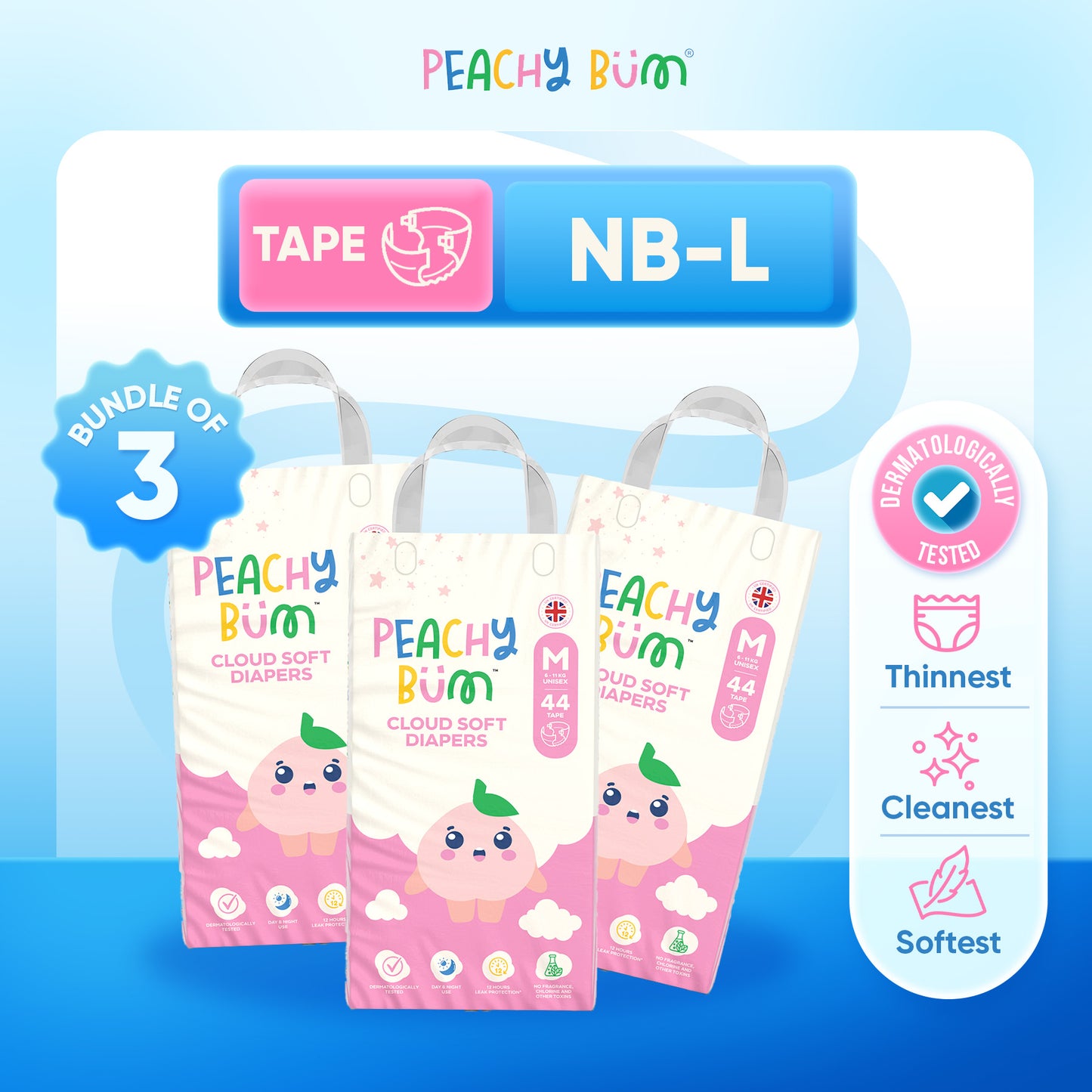 [Bundle of 3] Peachy Bum Cloud Soft Tape Diaper | Size NB | Size S | Size M | Size L