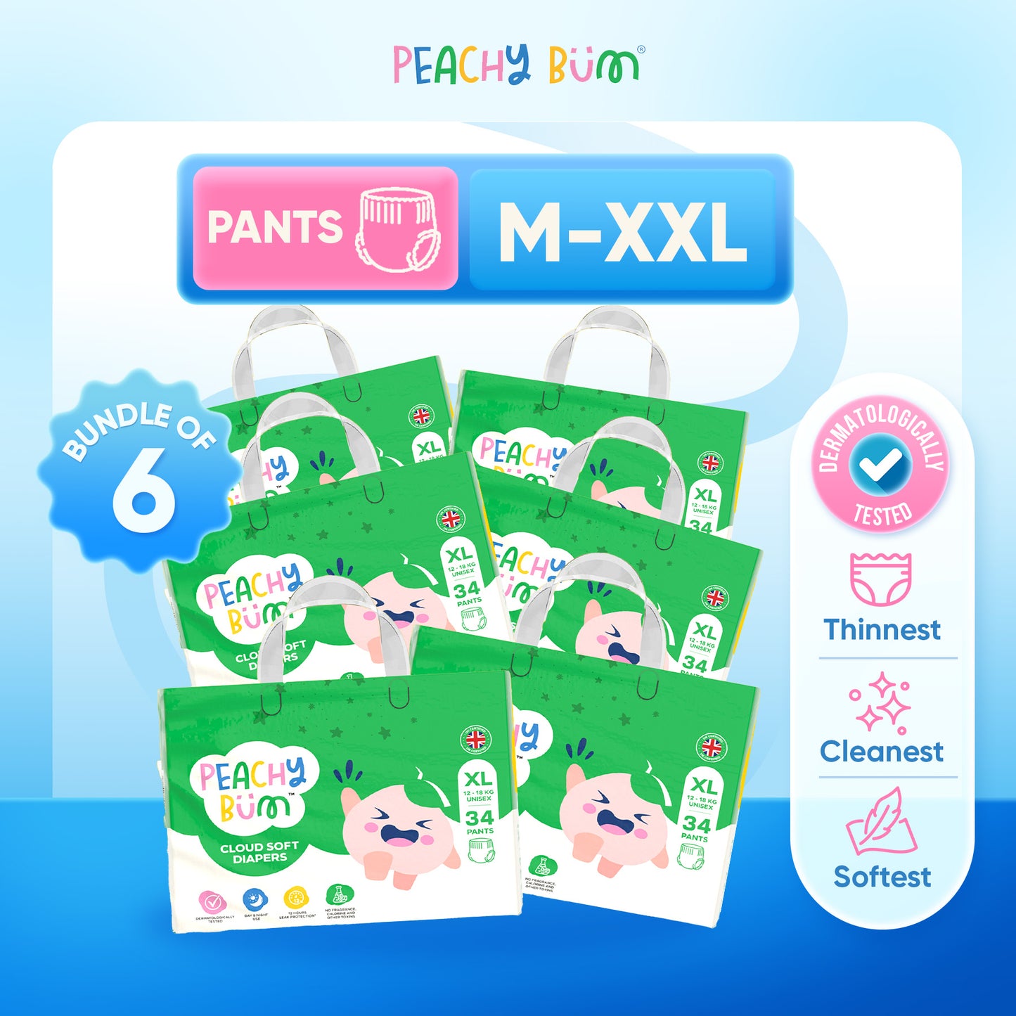[Bundle of 6] Peachy Bum Cloud Soft Diaper Pants | Size M | Size L | Size XL | Size XXL