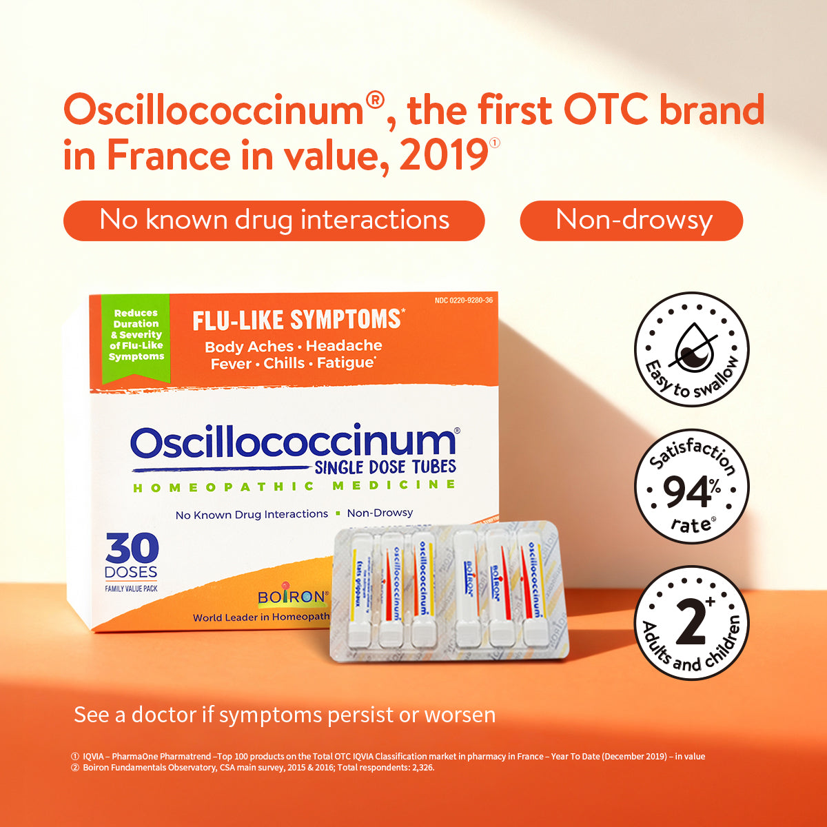 Boiron Oscillococcinum - For Cold and Flu Symptoms, Cough and Fever Relief, Natural and Non-Drowsy