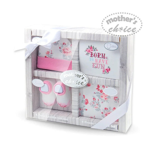MOTHER'S CHOICE 4-Pc Baby Bodysuit, Pants, Hat & Socks Gift Box Set (Pink Flora)