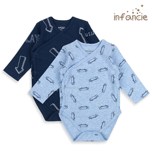 INFANCIE 2-Pc 100% Cotton Long-Sleeved Baby Kimono Bodysuits (Navy/Blue Skateboard)