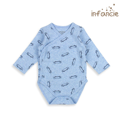 INFANCIE 2-Pc 100% Cotton Long-Sleeved Baby Kimono Bodysuits (Navy/Blue Skateboard)