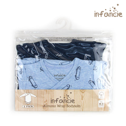 INFANCIE 2-Pc 100% Cotton Long-Sleeved Baby Kimono Bodysuits (Navy/Blue Skateboard)