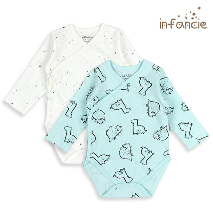 INFANCIE 2-Pc 100% Cotton Long-Sleeved Baby Kimono Bodysuits (White/Mint Dino)
