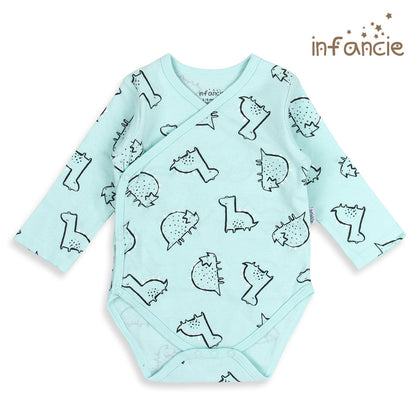 INFANCIE 2-Pc 100% Cotton Long-Sleeved Baby Kimono Bodysuits (White/Mint Dino)