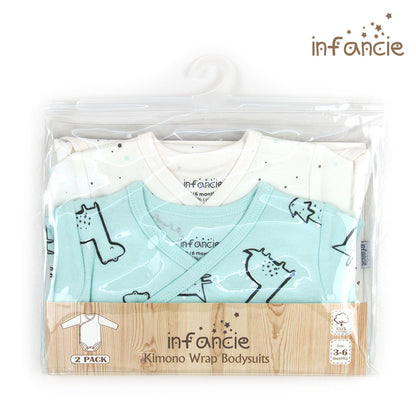 INFANCIE 2-Pc 100% Cotton Long-Sleeved Baby Kimono Bodysuits (White/Mint Dino)