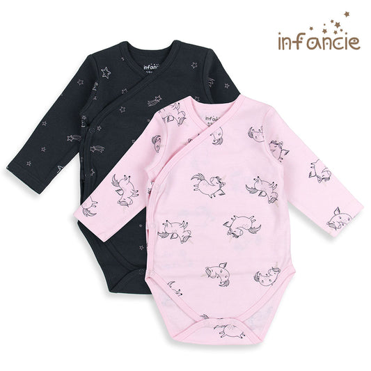 INFANCIE 2-Pc 100% Cotton Long-Sleeved Baby Kimono Bodysuits (Black/Pink Unicorn)