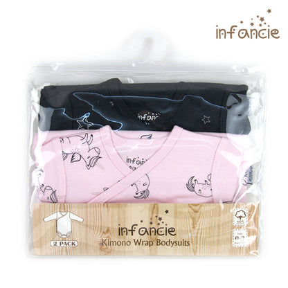 INFANCIE 2-Pc 100% Cotton Long-Sleeved Baby Kimono Bodysuits (Black/Pink Unicorn)