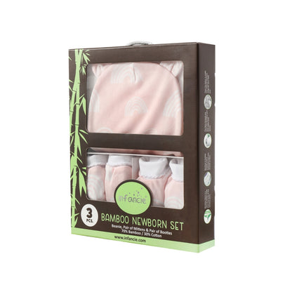 INFANCIE 3-Pc Bamboo Cotton Newborn Baby Booties, Mittens and Hat Gift Set