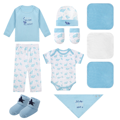 MOTHER'S CHOICE 10-Pc Baby Bodysuit, T-shirt, Pants, Hat, Mittens, Bib, Socks & Wash Cloths Gift Box Set (Light Blue)