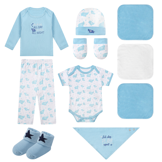 MOTHER'S CHOICE 10-Pc Baby Bodysuit, T-shirt, Pants, Hat, Mittens, Bib, Socks & Wash Cloths Gift Box Set (Light Blue)
