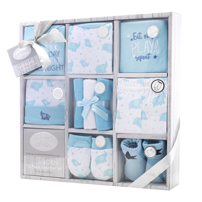 MOTHER'S CHOICE 10-Pc Baby Bodysuit, T-shirt, Pants, Hat, Mittens, Bib, Socks & Wash Cloths Gift Box Set (Light Blue)