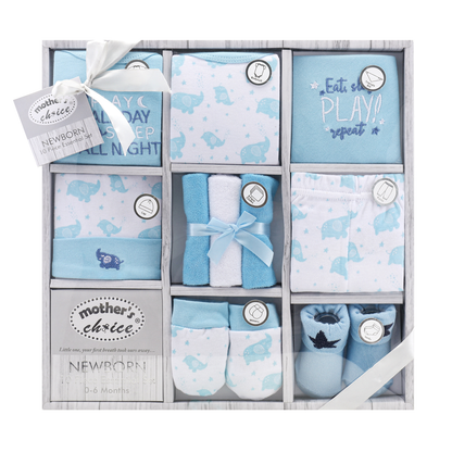 MOTHER'S CHOICE 10-Pc Baby Bodysuit, T-shirt, Pants, Hat, Mittens, Bib, Socks & Wash Cloths Gift Box Set (Light Blue)