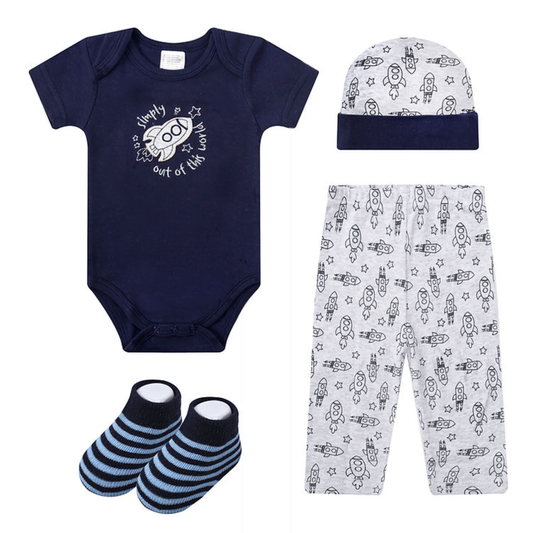 MOTHER'S CHOICE 4-Pc Baby Bodysuit, Pants, Hat & Socks Gift Box Set (Navy Rocket)