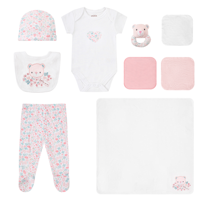 INFANCIE 10-Pc Essential Layette Gift Set (Pink Flora Bear)