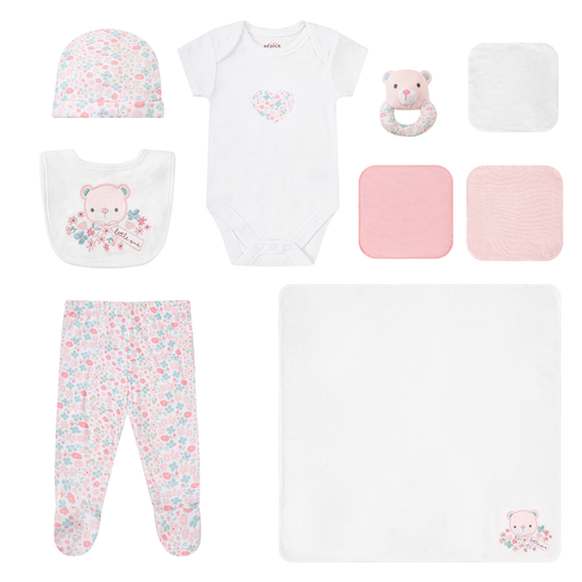 INFANCIE 10-Pc Essential Layette Gift Set (Pink Flora Bear)