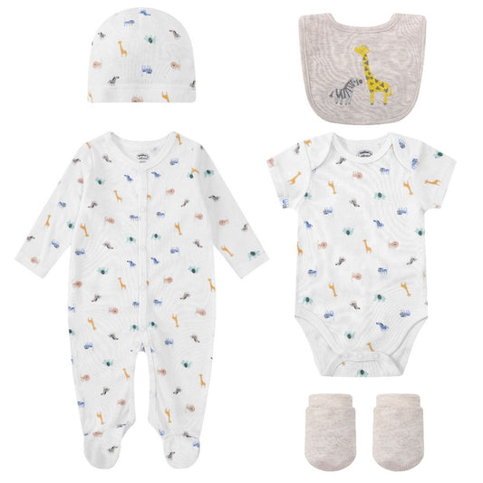 MOTHER'S CHOICE 5-Pc Baby Grower, Bodysuit, Bib, Hat & Mittens Layette Gift Set (Beige, Safari)