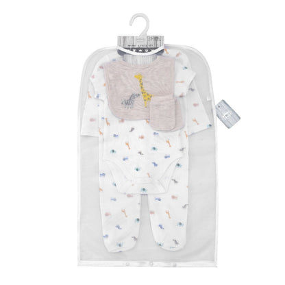 MOTHER'S CHOICE 5-Pc Baby Grower, Bodysuit, Bib, Hat & Mittens Layette Gift Set (Beige, Safari)