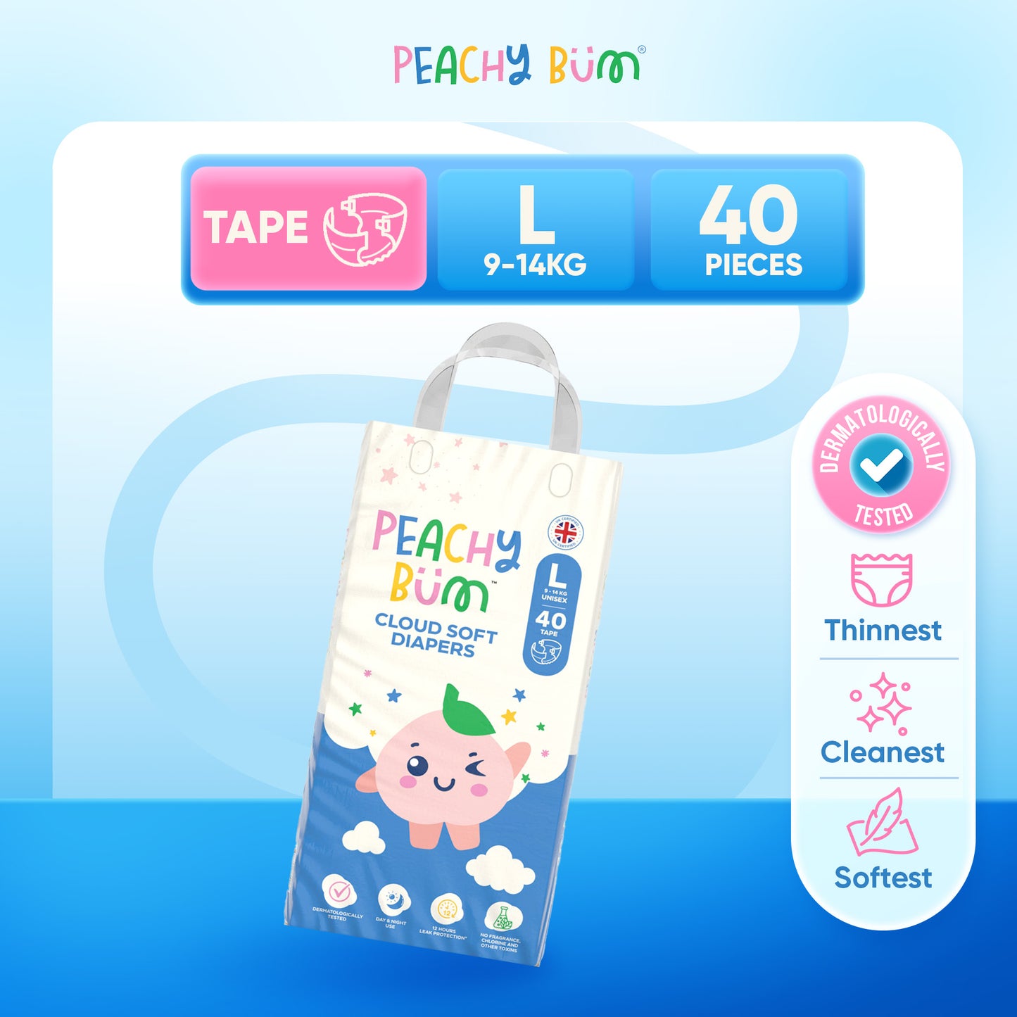 [1 Pack] Peachy Bum Cloud Soft Tape Diapers | Size NB | Size S | Size M | Size L