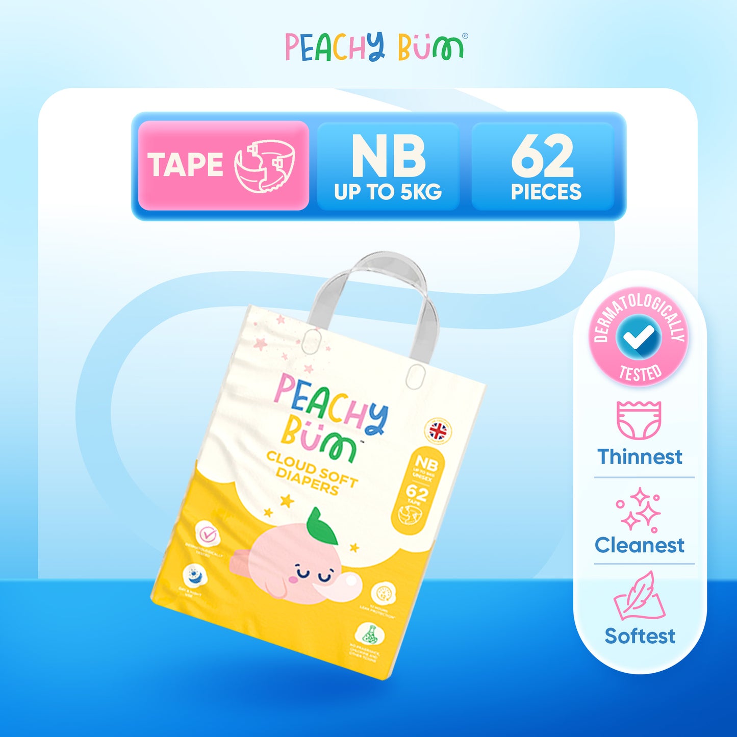 [1 Pack] Peachy Bum Cloud Soft Tape Diapers | Size NB | Size S | Size M | Size L