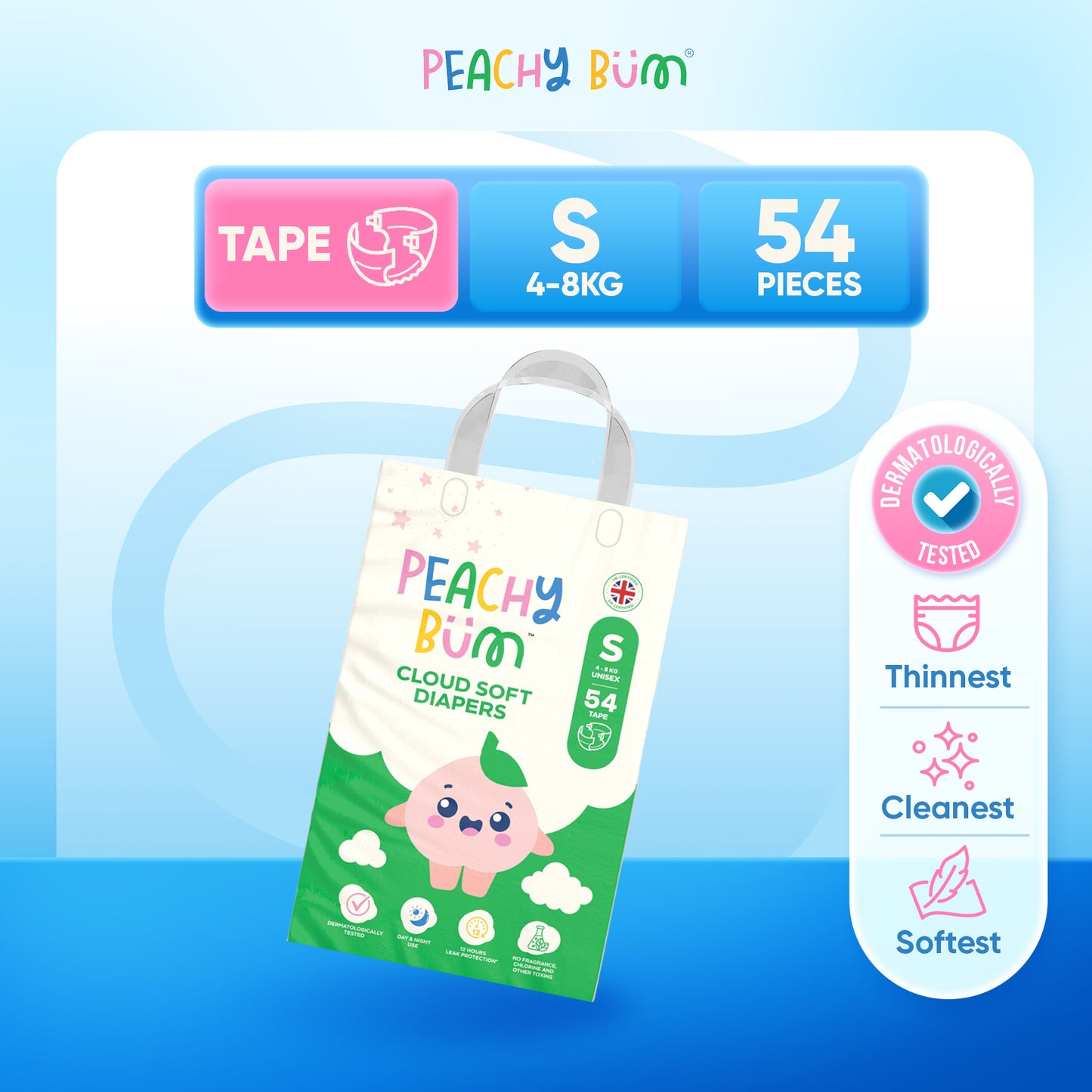 [1 Pack] Peachy Bum Cloud Soft Tape Diapers | Size NB | Size S | Size M | Size L